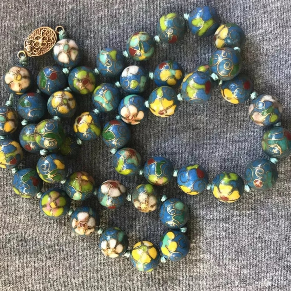 Vintage Chinese Export Cloisonné Bead Necklace Silver Clasp 20”